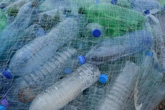 bottiglie plastica in una rete di pescatori